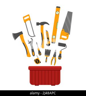 Reparatur- und Bauwerkzeuge Vektor-Konzept. Abbildung der Werkzeugkiste für Konstruktion, Schraubendreher und Schraubenschlüssel EPS 10 Stock Vektor