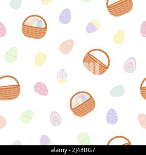 Osterkorb mit bemalten Eiern, leerer Korb mit nahtlosem Muster, einfache Vektorgrafik im flachen Stil für Grußkarten aus der Frühlingszeit, Textil, Geschenkpapier, Wiederholungsornament Stock Vektor