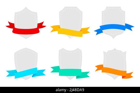 Schild Band Wappentier Emblem Banner Logo flach set. Zeremonielle Beschilderung Label Vorlage mittelalterliche Verteidigung Qualitätssicherung Preisschreiben königliche Anzeige teuer Dekoration Abzeichen Auszeichnung isoliert auf weiß Stock Vektor