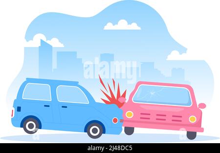 Autounfall Hintergrund Illustration mit zwei Autos kollidieren oder schlagen etwas auf der Straße verursacht Schäden in Cartoon Flat Style Stock Vektor