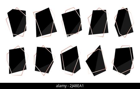 Polygonaler Rahmen geometrische Form schwarz flach Set. Rechteckige goldene Linie Zeichen leer Aufkleber Banner Flyer Poster Hochzeit Einladung Grußkarte. Modernes dunkles abstraktes Hintergrundinfo-Feld isoliert Stock Vektor