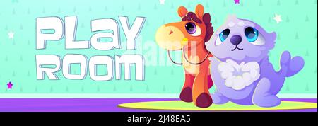Spielzimmer Cartoon Banner mit niedlichen Kinder Spielzeug Siegel und Pferd auf lustige Tapete Hintergrund. Einladungsflyer zum Kindergarten, Kindertagesstätte, Kindererholungsgebiet, Vektorgrafik Stock Vektor