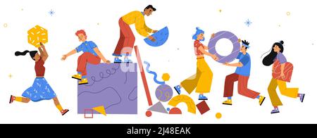 Das Team der Menschen arbeitet zusammen und setzt riesige bunte geometrische abstrakte Formen auf. Geschäftsleute Teamarbeit, Büroangestellte Zusammenarbeit, Zusammenarbeit, Partnerschaft, Lineare Cartoon flache Vektor-Illustration Stock Vektor
