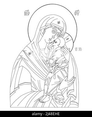 Orthodoxe Ikone der Jungfrau. Heilige Mutter, Gott Mutter Gottes Königin des Himmels mit Jesus Christus Kind. Eleusa, Lineare Handzeichnung. Symbol für Vektorgrafik Stock Vektor