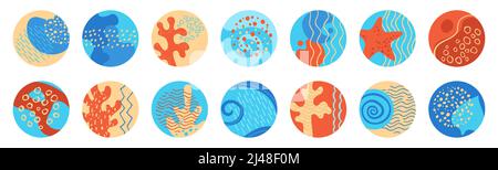 Vorlagensatz für abstrakte Hervorhebung von Geschichten. Social Media runden Hintergrund mit Doodle marine Form, handgezeichnete Ozean Collage organische Form Symbol. Trendiges Design zeitgenössische Element Kollektion Vektor Stock Vektor