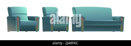 Graublauer Sessel und Sofa. Klassische, einfache Polstermöbel zum Sitzen und Liegen. Gruppe von Objekten, die auf weißem Hintergrund isoliert sind. Seitenansicht. Vektor Stock Vektor