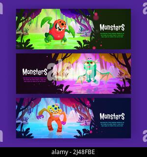 Monster Poster mit niedlichen fremden Tieren in Waldsumpf. Vektor-horizontales Banner mit Cartoon Fantasy Illustration von magischen Wäldern Landschaft und fantastische Kreaturen Stock Vektor