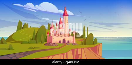 Märchenschloss auf Insel im Meer. Vektor Cartoon Sommer mediterrane Landschaft mit Meer, grünen Hügeln mit Bäumen und königlichen Palast, mittelalterliche Burg mit Türmen Stock Vektor
