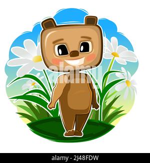 Niedliches Bärenbaby auf einer Blumenwiese. Lustiges Tierkind. Illustration für Kinder. Sommerlandschaft. Isoliert auf weißem Hintergrund. Vektor Stock Vektor