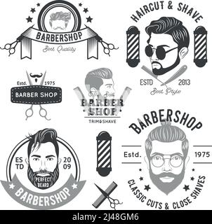Barbershop monochrome Embleme mit verschiedenen Herren Bärte Frisuren und Friseur Zubehör isolierte Vektordarstellung Stock Vektor