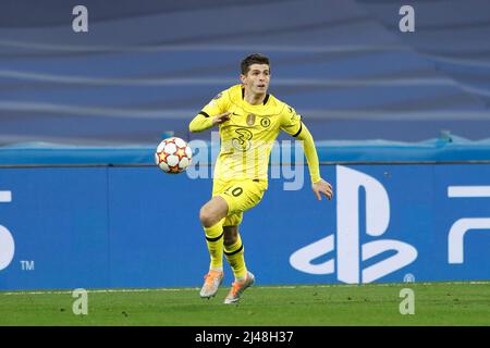 Madrid, Spanien. 12. April 2022. Christian Pulisic (Chelsea) Fußball/Fußball : UEFA Champions League Viertelfinale 2.-Bein-Spiel zwischen Real Madrid CF 2-3 Chelsea FC im Estadio Santiago Bernabeu in Madrid, Spanien . Quelle: Mutsu Kawamori/AFLO/Alamy Live News Stockfoto