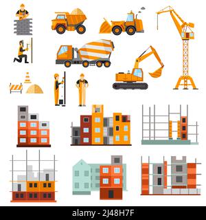 Baumaschinen Bauherren und Hausbau Prozess dekorative Ikonen flach Isolierte Vektordarstellung festlegen Stock Vektor