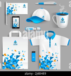 Corporate Identity Werbeobjekte in blau abstrakt geometrisches Design isoliert vektorgrafik Stock Vektor
