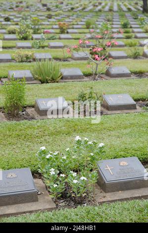 Kanchanaburi war Cemetry - der Hauptfriedhof für Kriegsgefangene für Opfer japanischer Gefangenschaft beim Bau der Burma Railway. Stockfoto