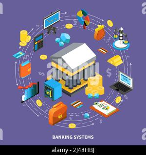 Banking finanzielle Symbole isometrische runde Zusammensetzung mit Pfeilen Geldbörse Computer Kreditkarten-Münzen Gold Geld Fluss Symbole Zeichen Vektor Illustration Stock Vektor