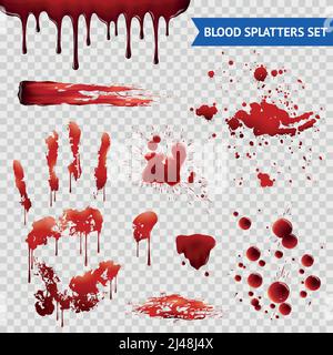 Blutspritzer realistische Blutflecken Muster Satz von Abstrichen Spritzer Tropfen Tropfen und Handprint mit transparenter Hintergrund-Vektor-Illustration Stock Vektor