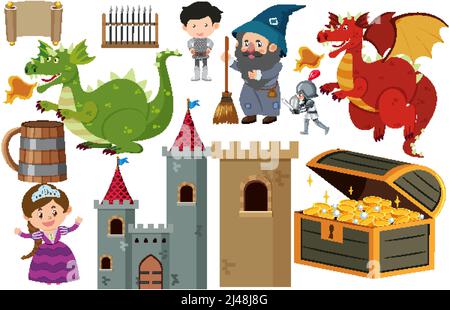 Mittelalterliche Figuren Gebäude Set Illustration Stock Vektor