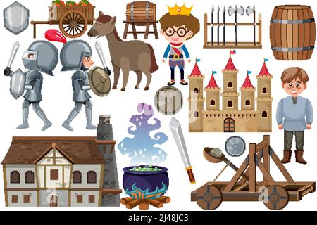 Mittelalterliche Figuren Gebäude Set Illustration Stock Vektor