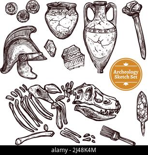 Archäologie Handgezeichnete Skizze Set von paläontologischen und archäologischen antiken Sucht isolierte Vektordarstellung Stock Vektor
