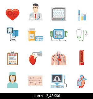 Kardiologie flache Symbole Satz von medizinischen Werkzeugen und Geräten für Herzpflege und Behandlung auf weißem Hintergrund isolierte Vektordarstellung Stock Vektor