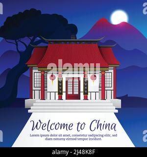 Schöne Nacht china Landschaft mit Bergen Mond und Haus in Flache Vektorgrafik im traditionellen Stil Stock Vektor