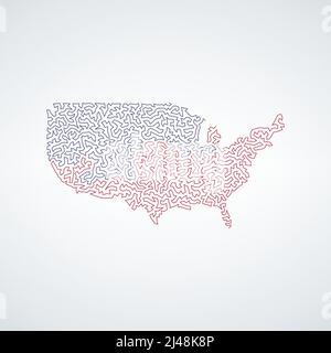 Vereinigte Staaten von Amerika, USA Karte aus rotem und blauem Muster des Labyrinthgitters. Vektordarstellung auf weißem Hintergrund isoliert. Stock Vektor