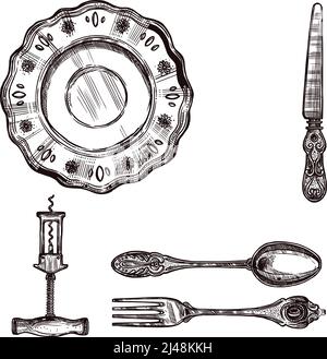 Handgezeichnetes antikes Silberbesteck-Set mit Vintage Löffelgabel Plattenglas und Messer isoliert Vektor-Illustration Stock Vektor