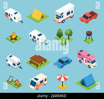 Camping und Reisen isometrische Symbole mit Bäumen Transport und eingestellt Verschiedene Dinge für Camping und Reisen auf hellblauem Hintergrund Isolierter Vektor Stock Vektor