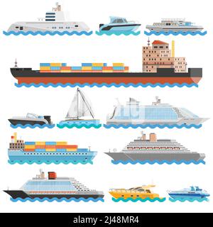 Wassertransport flache dekorative Symbole Set von trockenen Frachtschiffen Kreuzfahrtschiffe Yachten Segelboote isoliert Vektor Illustration Stock Vektor