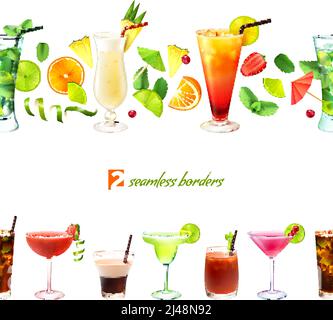 Cocktail nahtlose Grenze mit Getränken in Gläsern und Dekoration Vektor Abbildung Stock Vektor