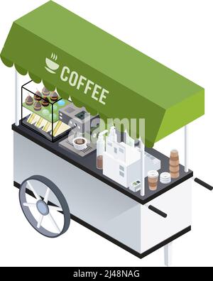 Mobile Coffee Kiosk Komposition mit isometrischem Bild des Coffee Cart Mit Kaffeemaschine Sandwiches und süße Donuts Vektor-Illustration Stock Vektor