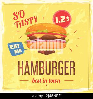 Bestes Hamburger in der Stadt Poster mit Preis Rede Blase und Rahmen auf strukturierter Vektorgrafik mit gelbem Hintergrund Stock Vektor