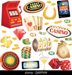 Casino dekorative Symbole mit Hufeisen Geld Roulette-Karten Chips gesetzt Jackpot Würfel isometrische Elemente isoliert Vektor-Illustration Stock Vektor