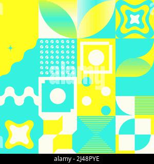 Neonfarbene abstrakte Vektormuster mit verschiedenen geometrischen Formen und Elementen. Digitales Grafikdesign für Poster, Cover, Kunst, Presenta Stock Vektor