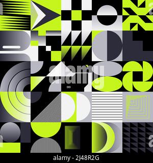 Neonfarbene abstrakte Vektormuster mit verschiedenen geometrischen Formen und Elementen. Digitales Grafikdesign für Poster, Cover, Kunst, Presenta Stock Vektor