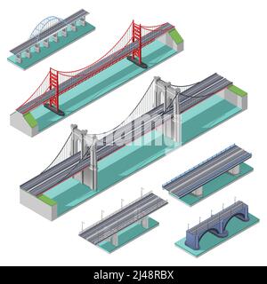 Brücken isometrisch über Flussbucht oder See isoliert Vektor gesetzt Abbildung Stock Vektor