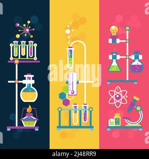 Chemie dekorative vertikale Banner Set mit Laborflaschen Röhrchen isoliert vektorgrafik Stock Vektor