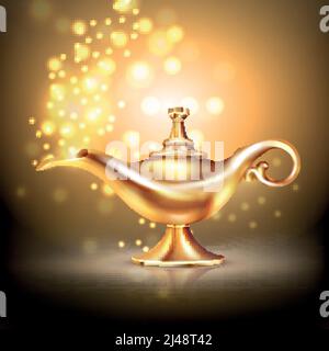 Aladdin Lampe Zusammensetzung mit Lichtteilchen Lichteffekte und orientalischen Stil Gefäß aus Gold Vektor-Illustration Stock Vektor