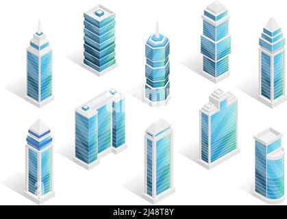 Stadthäuser isometrischen Satz mit modernen Gebäuden isoliert Vektor-Illustration Stock Vektor