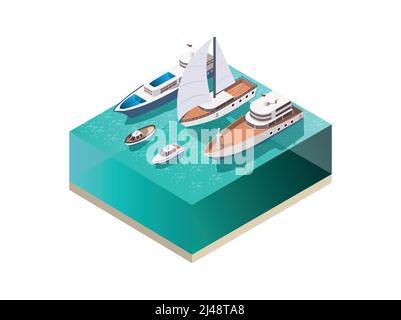 Schiffe isometrische Set mit Wasseroberfläche und verschiedene Schiffe einschließlich Wind-angetriebene Yacht und Motorboote Vektor-Illustration Stock Vektor