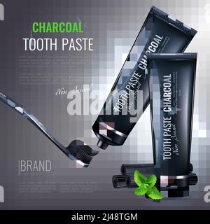 Holzkohle Zahnpasta Poster Komposition mit Bildern von gebrandeten Röhren und Zahnbürste mit editierbarer Textbeschreibung Vektordarstellung Stock Vektor