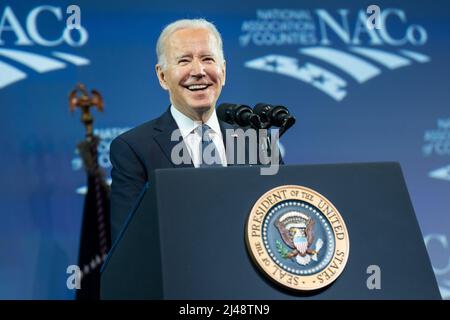 WASHINGTON DC, USA - 15. Februar 2022 - US-Präsident Joe Biden spricht am Dienstag, den 15. Februar, bei der NACO Legislative Con 2022 von Paco aus Stockfoto
