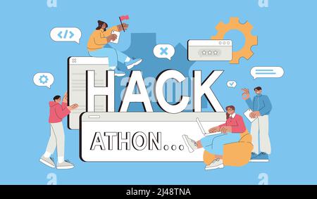 Flache Vektorgrafik für Hackathon. Business People Team von Programmierern, Web-Entwicklern, Projektmanagern und Grafikdesignern arbeiten zusammen, um ein Programm zu entwickeln, zu erstellen. Softwareentwicklungskonzept. Stock Vektor