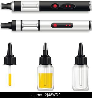 Rauchen realistische Satz von Dampf Flüssigkeit und elektronische Zigaretten mit Volle und leere Vape Flaschen mit Tropfervektor Abbildung Stock Vektor