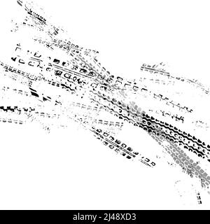 Spuren von der Reifenfläche eines Autos, Motorrads oder Fahrrads. Motocross, Rallye, Strecke, Spuren von grungigen Rädern. Vektor. Stock Vektor