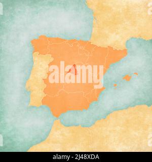 Madrid (Spanien) auf der Karte der Iberischen Halbinsel im weichen Grunge- und Vintage-Stil auf altem Papier. Stockfoto