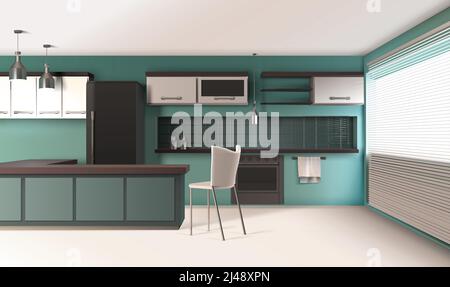 Moderne Küche Interieur realistisches Design mit türkisfarbenen Wänden venezianischen Jalousien Backofen und hängende Lampen Vektor-Illustration Stock Vektor