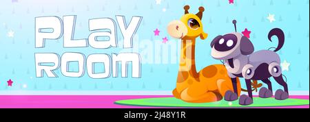 Poster mit Kinderspielzeug, Plüsch-Giraffe und Kunststoff-Roboter-Hund. Vektor-Banner von Kindergarten-Zimmer in Kindergarten oder Kindertagesstätte mit Cartoon weichen und mechanischen Spielzeug Stock Vektor