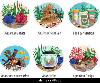 Set von Aquarienkompositionen mit bunten Pflanzen, Fische, Lebensmittel, Muscheln und Höhlen, Design-Elemente isoliert Vektor-Illustration Stock Vektor