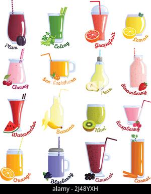 Farbige und isolierte Smoothie-Cocktails mit verschiedenen Geschmacksrichtungen Pflaume Kirsche Zitrone Wassermelone orange Banane Kiwi Himbeere Heidelbeere und Andere Stock Vektor